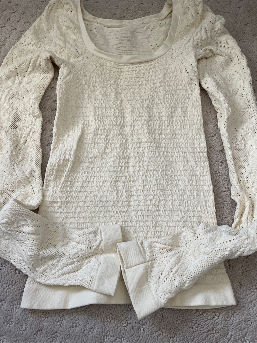 Free People Cream Scoop-Neck Lace Sleeve Knit Top